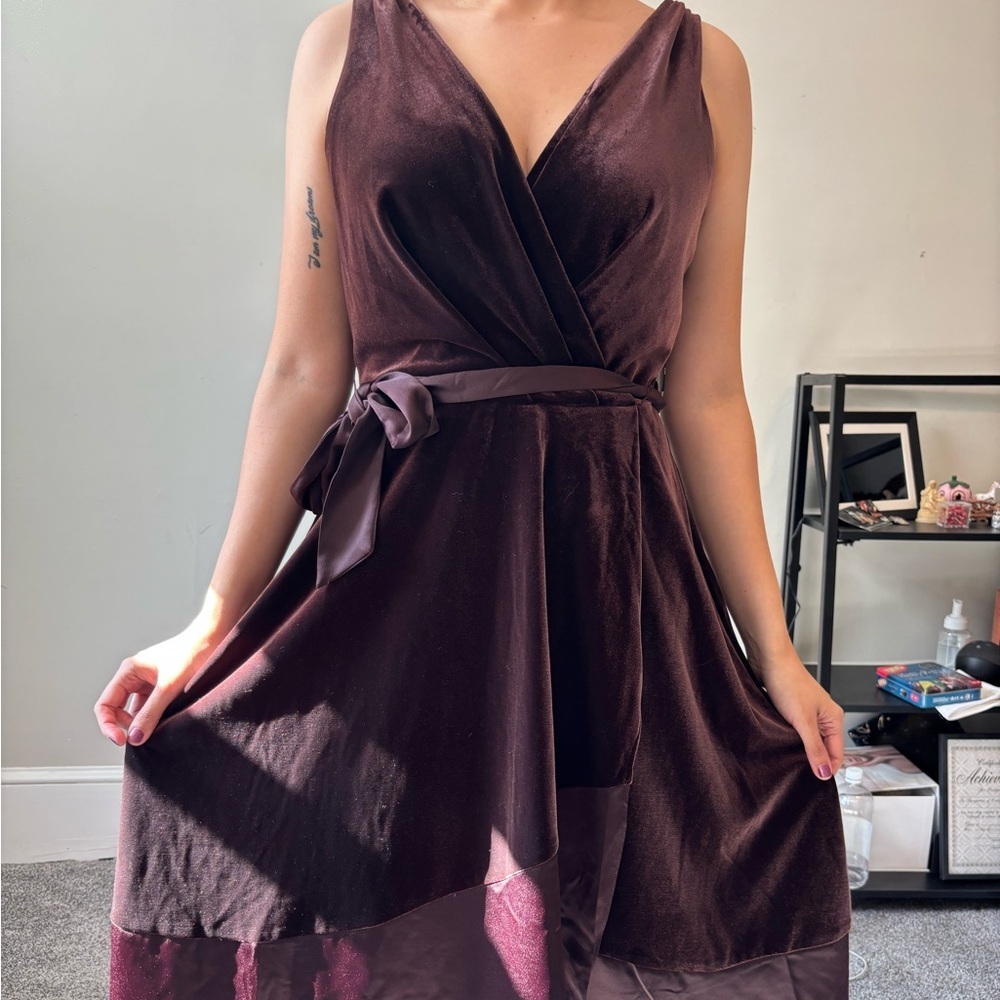 Fairycore Dkny Chocolate Brown Boho Sleeveless Asymmetrical Midi Velvet - Small